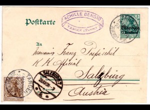 DP Marokko 1908, 5 C./5 Pf. Ganzsache m. Rauten-WZ v. Tanger n. Österreich