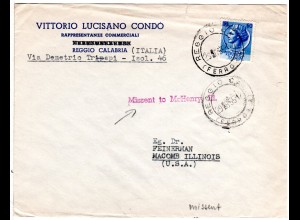 Italien 1951, Missent to McHenry Ill. auf Firmenbrief v. Reggio n. USA