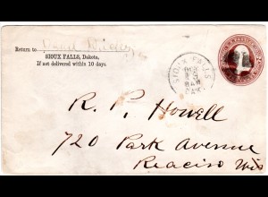 USA 1885, 2 C. Ganzsache Brief m. Stpl. SIOUX FALLS DAK.