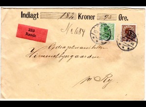 Dänemark 1918, 5+25 öre auf gesiegeltem Wertbrief v. Thorsager-Bregnet pr. Rönde