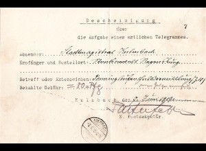 Bayern 1918, Telegramm - Postformular m. K1 Kulmbach 2b