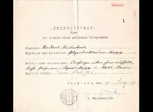 Bayern 1919, Telegramm - Postformular m. K1 Kulmbach 2b