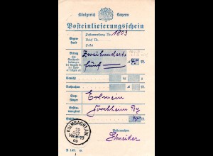 Bayern 1909, Posteinlieferungsschein m. K1 KULMBACH 1.A.W. (nicht b. Helbig).