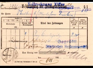 DR 1924, Postformular Bescheinigung der Zeitungsbestellung m. Stempel Kulmbach 2