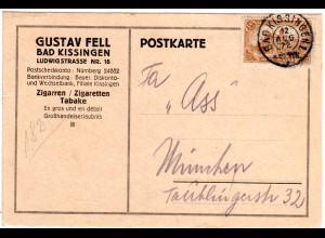 DR 1922, EF 1,50 Mk. auf Zigaretten/Zigarren Firmenkarte v. Bad Kissingen