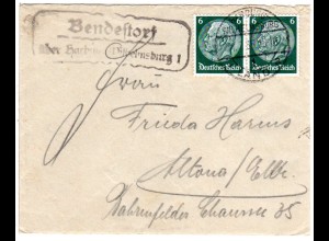 DR 1935, Landpost Stpl. BENDESTORF über Harburg-Wilhelmsburg auf Brief m. 2x6 Pf