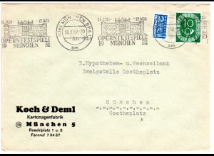BRD 1952, OPERNFESTSPIELE MÜNCHEN, Maschinen-Sonderstpl. auf Brief m. 10 Pf.