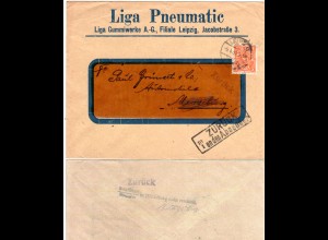 DR 1923, EF 5 Mk. auf Firmen Retour-Brief v. Leipzig m. Merseburg Zurück-Stpl.