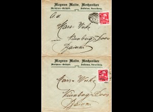 Österreich 1908, 2 Firmenbriefe m. 10 H. v. SATTEINS Va. m. versch. Entwertung