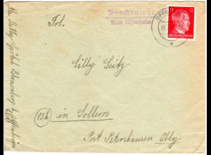 DR 1941, Landpost Stpl. BRACKENLOHR über Uffenheim auf Brief v. Blauenberg.