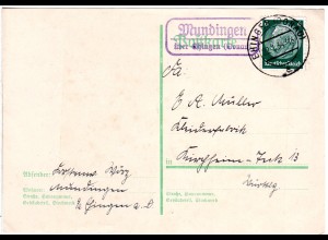 DR 1934, Landpost Stpl. MUNDINGEN über Ehingen auf 6 Pf. Ganzsache.