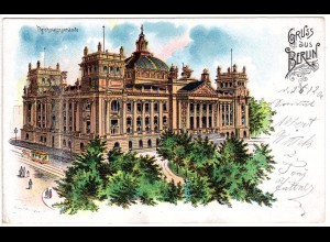 Gruss aus Berlin m. Reichstagsgebäude u. Pferdetram, 1902 gebr. Litho-AK