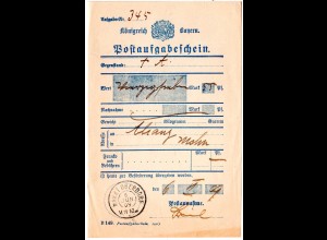 Bayern 1909, Reservestempel MARKT OBERDORF R auf Postschein f. einen Wertbrief
