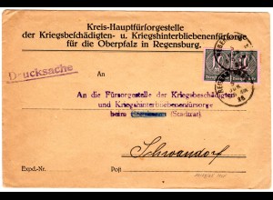 DR 1923, Kriegsbeschädigtenfürsorge Brief v. Regensburg m. 2x10 Mk. Dienst
