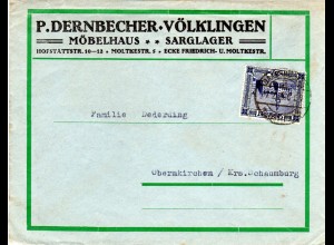 Saargebiet 1923, 20 C. auf Firmenbrief P. Dernbächer, Völklingen