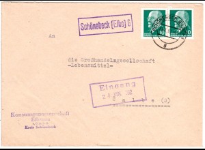 DDR 1962, Landpost Stpl. SCHÖNEBECK (Elbe) 6 auf Brief m. 2x10 Pf. 