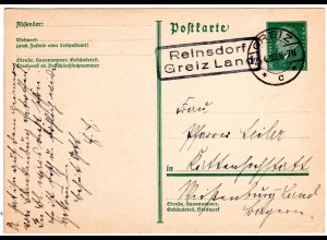 DR 1932, Landpost Stempel REINSDORF GREIZ LAND auf 8 Pf. Ganzsache.
