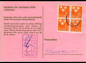 Schweden 1968, MeF 4er-Block 1 Kr. auf Postformular Temporärer Nachsendeantrag 