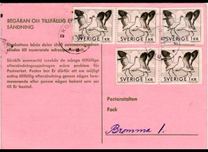 Schweden 1972, MeF 5x1 Kr. auf Postformular Temporärer Nachsendeantrag 