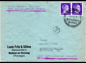 DR 1944, 2x 6 Pf. auf Auslands Brief v. Neuhaus/Rennweg n. Belgien. Europaporto!