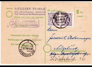 1946, Landpost Stempel 24 TETENHAUSEN über Rendsburg auf 6 Pf. Not-Ganzsache 