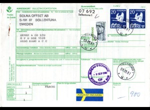 Schweden 1981, 9+2x20 Kr.auf Luftpost Paketkarte v. Sollentuna n. Hong Kong