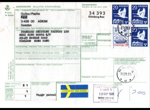 Schweden 1981, 4+3x20 Kr.auf Luftpost Paketkarte v. Göteborg n. Hong Kong