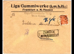 DR 1923, EF 5 Mk. auf Retour Brief v. Leipzig n. Eisleben m. Zurück-Stpl.