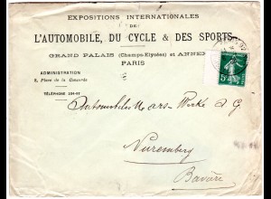 Frankreich 1908, 5 C. auf Umschlag Internat. Automobil u. Fahrrad Ausstellung 
