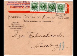 Dänemark 1908, 4x5 öre auf Umschlag Nordisk Cycle- Og Motor- Fagblad 
