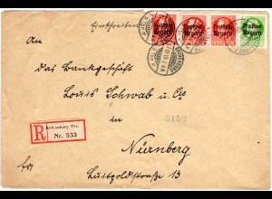 Bayern 1919, 5+3x15 Pf. Freistaat auf Einschreiben-Brief v. Rothenburg Tbr.