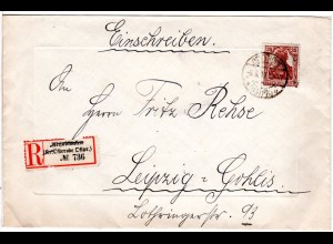 DR 1919, EF 35 Pf. Germania auf Einschreiben Brief m. hds. geändertem R-Zettel