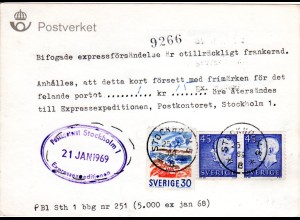 Schweden 1969, 30+ Paar 45 öre auf Postformular betr. fehlendes Express Porto. 