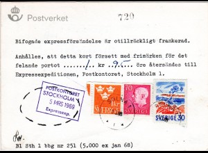 Schweden 1969, 30+70 öre+1 Kr. auf Postformular betr. fehlendes Express Porto 