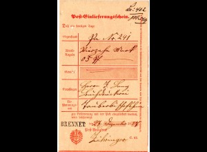 DR 1887, nachverwendeter Baden-L1 BRENNET auf Postschein f. Wertbrief.