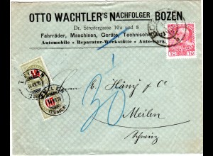 Österreich 1910, 10 H. auf Firmen Brief v. Bozen m. 2 Schweiz Portomarken