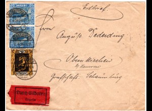 Saargebiet 1924, 5+Paar 50 C. auf portorichtigem Eilboten Brief v. Neunkirchen