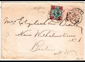 GB 1899, 4d m. perfin auf 1d Ganzsache Brief v. London n. Berlin.