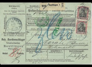 DR 1910, Paar 40 Pf. (90 I) auf Firmen Paketkarte Reutlingen-Schweiz. #2954