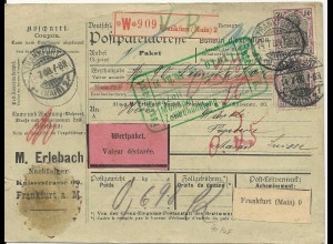 DR 1908, Paar 50 Pf. (91) auf Firmen Wert Paketkarte Frankfurt-Schweiz. #2955