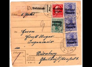 Bayern 1920, Posthilfstelle ZETTLITZ Taxe Stadtsteinach auf Paketkarte.