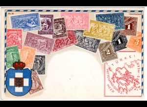 Griechenland, Landkarte u. Wappen sowie Olympiamarken, ungebr. Farb-AK 