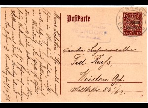 Bayern, Posthilfstelle REUNDORF Taxe Frensdorf auf Ganzsache m. Bahnpoststempel