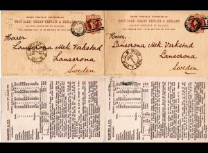 GB 1886/87, 2 Ganzsachen v. Glasgow n. Schweden m. rücks. Metallpreisliste