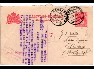 NL 1920, 5 C. Ganzsache Antwortteil zurückgebr. v. Chène-Bourg Schweiz