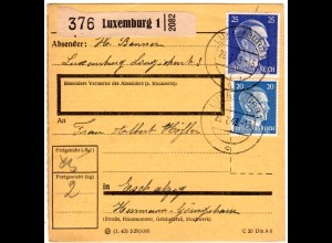 Luxemburg DR 1943, 20+25 Pf. auf Paketkarte n. Esch m. rs. Zustellgebühr-L2