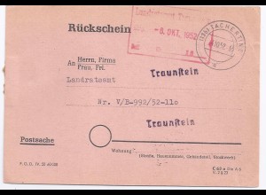 BRD 1952, Tacherting, Formlar Rückschein Postsache n. Traunstein. #987