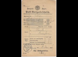 Bayern 1886, L1 u. K1 HERSBRUCK zusammen auf Postschein. #2069