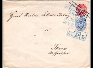 Preussen 1865, 2 auf 1 SGr. Ganzsachenumschlag m. blauem R3 BERLIN POST-EXP.15.
