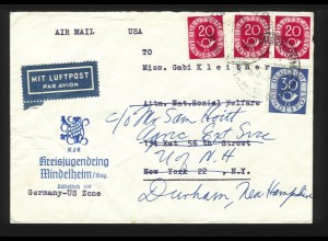 BRD USA, Kreisjugendring Mindelheim, Luftpost Brief m. 4 Posthorn Marken. #1315